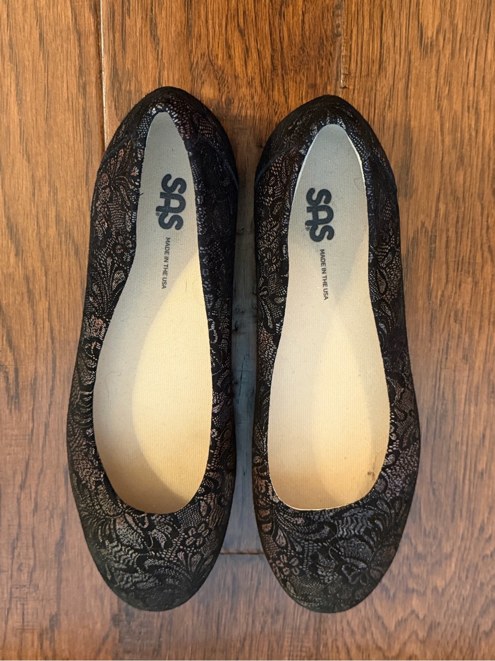 SAS Black Lace Leather Ballet Flats Size 10.5